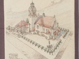 kolorowy rysunek jednej z wersji kościoła przedstawiony od naroża ulicy Styczyńskiego i Stolarzowickiej