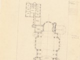 wersja projektu przedstawiającego rzut kościoła neobarokowego połączonego łącznikiem z domem parafialnym za zakrystią 